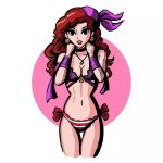  bikini blue_eyeshadow captain_syrup curly_hair earrings eyeshadow jewelry jf_illustration lipstick long_hair looking_at_viewer makeup midriff red_hair red_lips swimsuit wario_land 