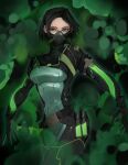  1girl black_gloves black_hair bodysuit breasts dermapod english_commentary gloves green_bodysuit green_eyes hair_behind_ear highres looking_to_the_side mask medium_breasts mouth_mask open_hands solo valorant viper_(valorant) 