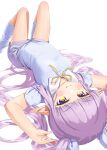  1girl absurdres arms_up blue_shirt blue_shorts brown_eyes elf highres jiyasu kneehighs knees_up kyouka_(princess_connect!) long_hair lying on_back pointy_ears princess_connect! purple_hair ribbon shirt short_shorts short_sleeves shorts simple_background smile solo thighs very_long_hair white_background white_legwear 