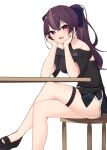 1girl :d absurdres bare_legs bare_shoulders belt black_shirt black_shorts breasts chair crossed_legs dolphin_shorts hands_on_own_cheeks hands_on_own_face head_rest highres jururu long_hair looking_at_viewer medium_breasts off_shoulder open_mouth ponytail purple_eyes purple_hair sandals shirt short_shorts shorts simple_background sitting smile solo table thigh_strap thighs virtual_youtuber waktaverse white_background ziro_(zirorong) 