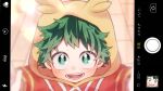  1boy blush boku_no_hero_academia character_hood child commentary_request freckles green_eyes green_hair hood hood_up looking_at_viewer male_child male_focus midoriya_izuku morino_(ktdk_0141) open_mouth selfie short_hair smile solo user_interface younger 