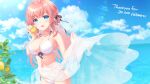  1girl :d absurdres alpha_(yukai_na_nakamatachi) bikini blue_eyes blue_sky blurry blurry_background braid breasts cleavage cloud collarbone day food front-tie_bikini front-tie_top fruit hair_ornament hair_ribbon highres holding holding_food holding_fruit lemon long_hair medium_breasts navel ocean open_mouth original outdoors pink_hair plaid plaid_ribbon ribbon sarong shiny shiny_hair side-tie_bikini sidelocks sky smile solo standing summer swimsuit very_long_hair white_bikini x_hair_ornament 