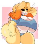  animal_crossing anthro belly big_breasts big_butt blush breasts butt canid canine canis cleavage clothed clothing dipstick_tail domestic_dog female hair hand_behind_head hand_on_hip hi_res huge_breasts huge_butt isabelle_(animal_crossing) lewd_dorky looking_at_viewer mammal markings multicolored_body navel nintendo one_eye_closed open_mouth orange_hair panties shih_tzu shirt slightly_chubby solo tail_markings thick_thighs topwear toy_dog two_tone_body under_boob underwear video_games 