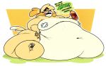  2022 animal_crossing anthro belly big_belly big_breasts big_butt blush bodily_fluids breasts butt canid canine canis digital_media_(artwork) domestic_dog english_text female food hi_res huge_breasts huge_butt hyper hyper_belly immobile isabelle_(animal_crossing) mammal morbidly_obese morbidly_obese_anthro morbidly_obese_female navel nintendo obese obese_anthro obese_female overweight overweight_anthro overweight_female redphlannel shih_tzu sitting soda_bottle solo sweat tape taped_nipples text thick_thighs toy_dog video_games weight_gain 