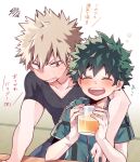  2boys adapted_costume arm_around_shoulder bakugou_katsuki black_shirt blonde_hair blush boku_no_hero_academia closed_eyes commentary_request cup drink freckles green_hair green_shirt highres holding holding_cup looking_at_another male_focus midoriya_izuku morino_(ktdk_0141) multiple_boys open_mouth pectorals red_eyes scar scar_on_arm scar_on_hand shirt short_hair short_sleeves spiked_hair tears 
