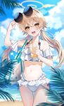  1girl bangs bikini blue_archive blue_skirt blurry blurry_foreground boat brown_eyes cloud cowboy_shot cup eyewear_on_head halo hifumi_(blue_archive) hifumi_(swimsuit)_(blue_archive) highres holding holding_cup light_brown_hair looking_at_viewer low_twintails navel outdoors palm_tree plus1024 round_eyewear skirt solo standing sunglasses swimsuit teeth tree twintails upper_teeth watercraft white_bikini 