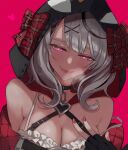  1girl black_gloves bow breasts cleavage close-up collar fingerless_gloves gloves grey_hair highres hololive hood large_breasts looking_at_viewer medium_hair orca_hood pink_eyes plaid plaid_bow red_background red_nails sakamata_chloe seductive_smile simple_background smile solo tomj virtual_youtuber 