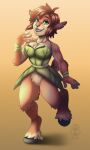  4_fingers activision anthro breasts brown_hair cervid cleavage clothed clothing elora eyelashes faun_(spyro) female fingers fur green_eyes hair hi_res looking_at_viewer mammal narrowed_eyes open_mouth open_smile raised_leg shaded shadow simple_background smile solo spyro_reignited_trilogy spyro_the_dragon tan_background tan_body tan_fur teeth tongue video_games yuenoctis 