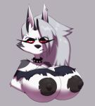  2021 anthro areola big_breasts black_areola black_body black_fur black_nipples black_nose breasts canid canid_demon collar demon ear_piercing female fur hellhound helluva_boss huge_breasts looking_at_viewer loona_(helluva_boss) mammal nipples notched_ear piercing red_sclera schwoo solo spiked_collar spikes white_body white_eyes white_fur 