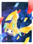  absurdres black_eyes border commentary_request highres jirachi looking_at_viewer no_humans outdoors outline paper parted_lips pokemon pokemon_(creature) pokke_tuki solo space white_border 