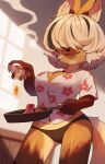 anthro bacon black_clothing black_panties black_underwear blurred_background breasts canid canine cigarette cleavage clothed clothing cooking cookware digital_media_(artwork) egg_(food) female floral_print food fox frying_pan hair hair_over_eyes hi_res highlights_(coloring) kitchen_utensils mammal meat multicolored_hair panties print_clothing print_shirt print_topwear shirt smile smoke smoking solo tools topwear underwear white_hair zombiemiso 