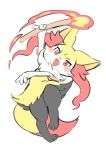  2022 absurd_res ambiguous_gender anthro black_body black_fur blush braixen canid canine cute_fangs fangs fire fur hi_res holding_object holding_stick inner_ear_fluff jumping mammal multicolored_body nintendo open_mouth pok&eacute;mon pok&eacute;mon_(species) red_eyes simple_background sketch smile solo stick tuft uyu video_games white_background white_body white_fur 