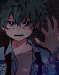  1boy blue_shirt boku_no_hero_academia brick_wall collared_shirt commentary_request cuffs freckles green_eyes green_hair hair_between_eyes hand_on_wall handcuffs highres looking_at_viewer male_focus midoriya_izuku morino_(ktdk_0141) open_clothes open_mouth open_shirt shirt short_hair 