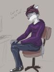  alternate_species anthro bottomwear canid canine canis chair clothed clothing dialogue english_text footwear fully_clothed furniture furrification fuze hi_res hoodie male mammal office_chair pants sebastian_(stardew_valley) shoes sitting solo stardew_valley talking_to_viewer text topwear wolf 