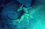  2022 absurd_res ambiguous_gender blue_eyes claws digital_media_(artwork) dragon feral hi_res horn male membrane_(anatomy) membranous_wings saphireshear scales scalie smile solo spines underwater water western_dragon wings 