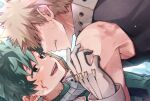  2boys bakugou_katsuki bare_shoulders black_bodysuit blonde_hair blood blood_on_face bodysuit boku_no_hero_academia clenched_teeth commentary_request face-to-face freckles gloves green_bodysuit green_eyes green_hair hand_on_another&#039;s_shoulder highres looking_at_another lying male_focus midoriya_izuku morino_(ktdk_0141) multiple_boys on_back open_mouth short_hair spiked_hair teeth white_gloves 