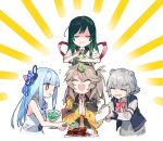  4girls blue_hair bow bowl brown_hair closed_eyes cup dress food food_request green_hair grey_hair hair_bow hitogome holding holding_bowl holding_cup jacket kasukabe_tsumugi koharu_rikka kotonoha_aoi long_hair long_sleeves mini_flag multiple_girls open_clothes open_jacket open_mouth pink_bow pouring red_eyes rice sleeveless sleeveless_dress sleeves_rolled_up smile spoon touhoku_zunko upper_body voiceroid voicevox 