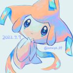  amaya_uw blue_eyes closed_mouth dated grey_background hands_up highres jirachi no_humans own_hands_together pokemon pokemon_(creature) smile solo symbol-only_commentary twitter_username 
