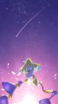  :d arm_up comet commentary_request green_eyes highres jirachi no_humans open_mouth outdoors pkpokopoko3 pokemon pokemon_(creature) sky smile solo star_(sky) tongue 