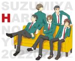  5boys artist_name bangs black_eyes black_footwear black_hair black_pants blazer brown_eyes brown_footwear brown_hair c0zat0 cigarette closed_mouth commentary_request copyright_name couch crossed_arms crossed_legs dated glasses green_jacket jacket kita_high_school_uniform koizumi_itsuki kunikida kyon loafers long_sleeves male_focus mouth_hold multiple_boys necktie open_clothes open_jacket pants red_necktie school_uniform shirt shoes short_hair sitting smile smoking student_council_president_(suzumiya_haruhi) suzumiya_haruhi_no_yuuutsu taniguchi teeth watermark white_shirt 