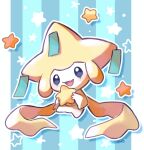  :d black_eyes commentary_request full_body happy holding jirachi no_humans open_mouth pokemon pokemon_(creature) signature smile solo star_(symbol) tansho tongue 