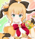  1girl bangs black_bow black_gloves blonde_hair bow cloak closed_mouth commentary_request crop_top diagonal_stripes fur-trimmed_gloves fur-trimmed_hood fur_trim gloves gochuumon_wa_usagi_desu_ka? green_eyes hair_bow hands_up highres holding hood hood_down hooded_cloak kirima_syaro looking_at_viewer mitya ponytail shirt smile solo starry_background striped striped_background twitter_username white_shirt yellow_cloak 