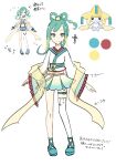  1girl alternate_costume arrow_(symbol) bangs bow closed_mouth color_guide commentary_request eyelashes full_body green_eyes green_footwear green_hair hair_ornament japanese_clothes jirachi kimono lisia_(pokemon) multiple_views pokemon pokemon_(creature) pokemon_(game) pokemon_oras reference_inset shoes sidelocks single_thighhigh skirt split_mouth ssn_(sasa8u9r) thigh_strap thighhighs translation_request white_background white_kimono white_legwear wide_sleeves yellow_bow 