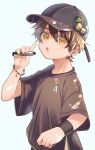  1boy bangs brown_eyes child commentary_request ear_piercing earrings electronic_cigarette hair_between_eyes highres jewelry looking_at_viewer male_child male_focus original piercing ring slashing smoking umino_uni vaping white_background yellow_eyes 