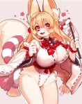  1girl animal_ear_fluff animal_ears body_fur braid breasts brown_eyes brown_hair cleavage crossharmony detached_sleeves fang fox_ears fox_tail furry furry_female groin highleg highleg_leotard highres large_breasts leotard long_hair low_twintails nontraditional_miko open_mouth original sash smile solo tail thighs twin_braids twintails white_leotard white_sleeves 