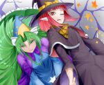  2girls bob_cut bow capelet dress frilled_dress frilled_skirt frills green_eyes green_hair hair_bow hat hat_bow johnson0110 kirisame_marisa kirisame_marisa_(pc-98) long_hair long_sleeves mima_(touhou) multiple_girls open_mouth pointy_ears purple_dress purple_headwear red_eyes red_hair short_hair signature skirt star_(symbol) star_print story_of_eastern_wonderland sun_print tongue tongue_out touhou touhou_(pc-98) white_bow wide_sleeves witch_hat wizard_hat yellow_bow 