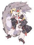  1boy absurdres armlet black_sclera claws colored_sclera colored_skin colored_tips earrings fangs feathers forked_tongue full_body furry furry_male grey_hair grey_horns grey_skin hair_between_eyes hand_on_own_knee hand_up highres horns inu_fuji jewelry knee_up long_hair long_tail looking_at_viewer male_focus multicolored_hair multiple_horns open_mouth original red_nails simple_background sitting solo tail tassel tassel_earrings tongue tongue_out white_background white_hair white_skin yellow_eyes yellow_horns 