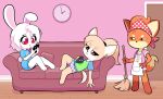  2018 anthro apron big_eyes blue_clothing blue_panties blue_underwear bottomwear boy_shorts broom canid canine canis carrots_(starman) cellphone chihuahua cleaning_tool clock clothing controller domestic_dog ear_piercing female fox fox_tail furniture green_clothing green_shirt green_topwear group hair hi_res inside lagomorph leporid long_shirt lying maddy_(starbirbz) male mammal panties pattern_bottomwear pattern_clothing pattern_panties pattern_underwear phone piercing pink_clothing pink_panties pink_shirt pink_topwear pink_underwear ponytail rabbit remote_control renard_(starman) shirt sofa standing starbirbz topwear toy_dog trio underwear 