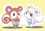  2018 animal_crossing big_tail blue_inner_ear blush chibi clothing crossed_arms digital_media_(artwork) duo female male mammal marshal_(animal_crossing) nintendo open_mouth poppy_(animal_crossing) purple_inner_ear red_body rodent sciurid semi-anthro standing tan_body tommi tree_squirrel video_games 