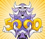  5000 anthro arthropod big_breasts breasts carapace celebration crustacean curvy_figure darksilvania fak&eacute;mon fangs fangs_bared female gold_markings hi_res holding_object isopod_humanoid isopoda malacostracan marine markings midriff navel nintendo number number_on_body painted_body_writing parascylla pok&eacute;mon pok&eacute;mon_(species) pupils red_eyes simple_background slit_pupils smile solo video_games 