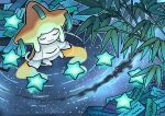  closed_eyes closed_mouth commentary_request highres jirachi leaf night no_humans outdoors paper pokemon pokemon_(creature) ripples smile solo sutokame 