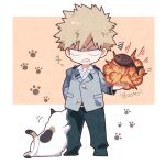  1boy animal arm_behind_back bakugou_katsuki blank_eyes blonde_hair boku_no_hero_academia cat clenched_teeth collared_shirt commentary_request explosion fish full_body green_pants grey_jacket jacket long_sleeves male_focus morino_(ktdk_0141) pants paw_print school_uniform shaded_face shirt short_hair simple_background sound_effects spiked_hair standing teeth u.a._school_uniform white_background white_cat 