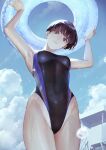  1girl bangs black_hair blunt_bangs breasts closed_mouth commentary_request competition_swimsuit covered_navel day highres holding holding_innertube innertube kaoming looking_at_viewer looking_down medium_breasts one-piece_swimsuit original outdoors purple_eyes shakujii_tsubasa short_hair sky smile solo standing swimsuit wet 