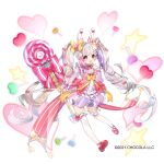  1girl bow candy food frilled_legwear hair_bow hair_ornament heart highres lollipop long_hair looking_at_viewer multicolored_hair official_art open_mouth pink_eyes red_bow sakofu solo star_(symbol) streaked_hair sugar_conflict thighhighs twintails very_long_hair white_hair wrist_cuffs yellow_bow 