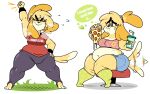  &lt;3 2022 animal_crossing anthro bodily_fluids bottomwear breasts canid canine canis clothing container crying cup cutoffs denim denim_clothing digital_media_(artwork) domestic_dog eating eating_food english_text female food footwear hi_res isabelle_(animal_crossing) mammal muffin_top nintendo overweight overweight_anthro overweight_female pants pizza pot_belly redphlannel shih_tzu shorts sitting socks solo standing sweat sweatband tail_motion tailwag tears tears_of_joy text thick_thighs toy_dog video_games weight_gain yoga_pants 