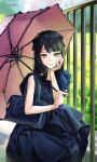  1girl bag bangs bare_arms black_hair blue_dress closed_mouth dress hand_on_own_cheek hand_on_own_face highres holding holding_umbrella long_hair looking_at_viewer original photo-referenced refla shoulder_bag smile solo umbrella yellow_eyes 
