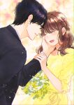  1boy 1girl black_hair blush braid brown_hair closed_eyes dress flower formal glasses hand_on_another&#039;s_cheek hand_on_another&#039;s_face hetero long_sleeves looking_at_another original suit ueno_haruki yellow_dress 