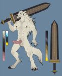  2022 absurd_res anthro balls black_nipples blue_background blue_eyes canid canine canis claws digitigrade elden_ring erection finger_claws fromsoftware fur genitals greatsword hair hi_res holding_object holding_sword holding_weapon humanoid_genitalia humanoid_penis mammal melee_weapon model_sheet multi_nipple neverneverland nipples nude paws penis simple_background smile smirk solo standing sword toe_claws video_games weapon white_body white_fur white_hair wolf 