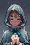  1girl absurdres aqua_bow bow brown_eyes brown_hair closed_mouth coin highres holding holding_coin long_sleeves looking_at_viewer original outdoors poncho rain seuhyo99 solo thick_eyebrows 