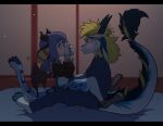  absurd_res anthro bed blonde_hair cosplay dragon duo ears_back ears_down embarrassed female fluffy fluffy_tail furniture hair hi_res horn invalid_tag male male/female marcy med121 meddy my_dress_up_darling pivoted_ears purple_hair simple_background wings 