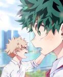  2boys bakugou_katsuki blonde_hair blurry blurry_background blush boku_no_hero_academia collared_shirt commentary_request crying crying_with_eyes_open day freckles from_side green_eyes green_hair hand_up highres male_focus midoriya_izuku morino_(ktdk_0141) multiple_boys necktie open_mouth outdoors red_eyes red_necktie shirt short_hair spiked_hair tears white_shirt 