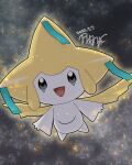  :d commentary_request dated grey_eyes highres jirachi night no_humans open_mouth outdoors pokemon pokemon_(creature) signature smile solo star_(sky) tamura_(kouititamura) tongue 