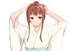  1girl arms_up blush brown_hair collarbone highres hitori_m idolmaster idolmaster_million_live! japanese_clothes kimono looking_at_viewer obi red_eyes rubber_band sash simple_background smile solo tanaka_kotoha white_background white_kimono wide_sleeves 