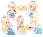  1girl bare_shoulders blonde_hair blue_eyes child_drawing crown crying earrings hair_over_one_eye hoshikuzu_pan jewelry luma_(mario) mario_(series) mixing mixing_bowl multiple_views rosalina sleeping smile star_(symbol) star_bit star_earrings super_mario_galaxy surprised 