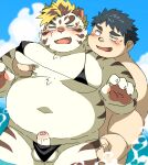  2022 anthro balls belly big_belly bikini blush chubby_protagonist_(tas) clothed clothing cloud crossdressing duo erection felid genitals groping_from_behind hi_res human human_on_anthro humanoid_genitalia humanoid_hands humanoid_penis interspecies kemono licho_(tas) lifewonders male male/male mammal moob_grab moobs navel outside overweight overweight_male pantherine penis protagonist_(tas) ptcmtr swimwear tiger tokyo_afterschool_summoners video_games water white_body 