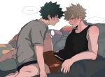  2boys bakugou_katsuki barefoot black_male_underwear black_tank_top blonde_hair boku_no_hero_academia couch freckles green_hair grey_shirt hand_on_another&#039;s_knee highres looking_at_another lying male_focus male_underwear midoriya_izuku multiple_boys omura_(o_mr) on_back on_couch red_eyes red_male_underwear shirt speech_bubble spiked_hair tank_top translation_request underwear yaoi 